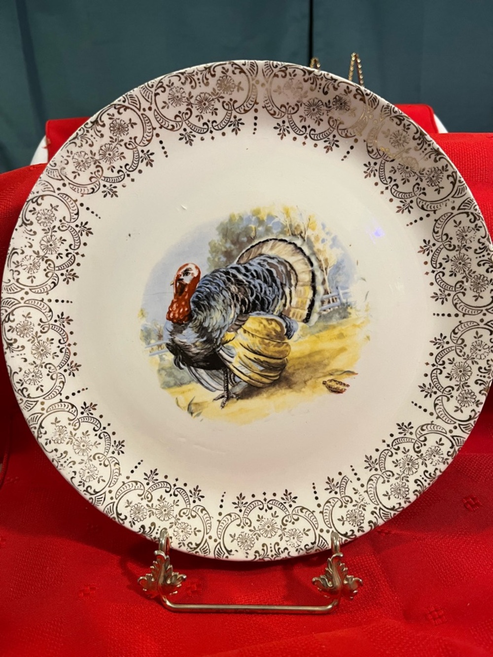 Decorative Turkey Motif Serving Plate - White and Brown